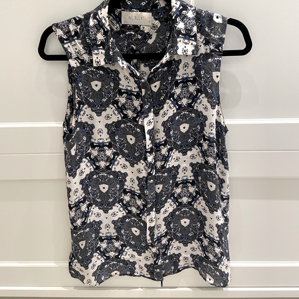 A.L.C. Patterned button down sleeveless blouse, size XS